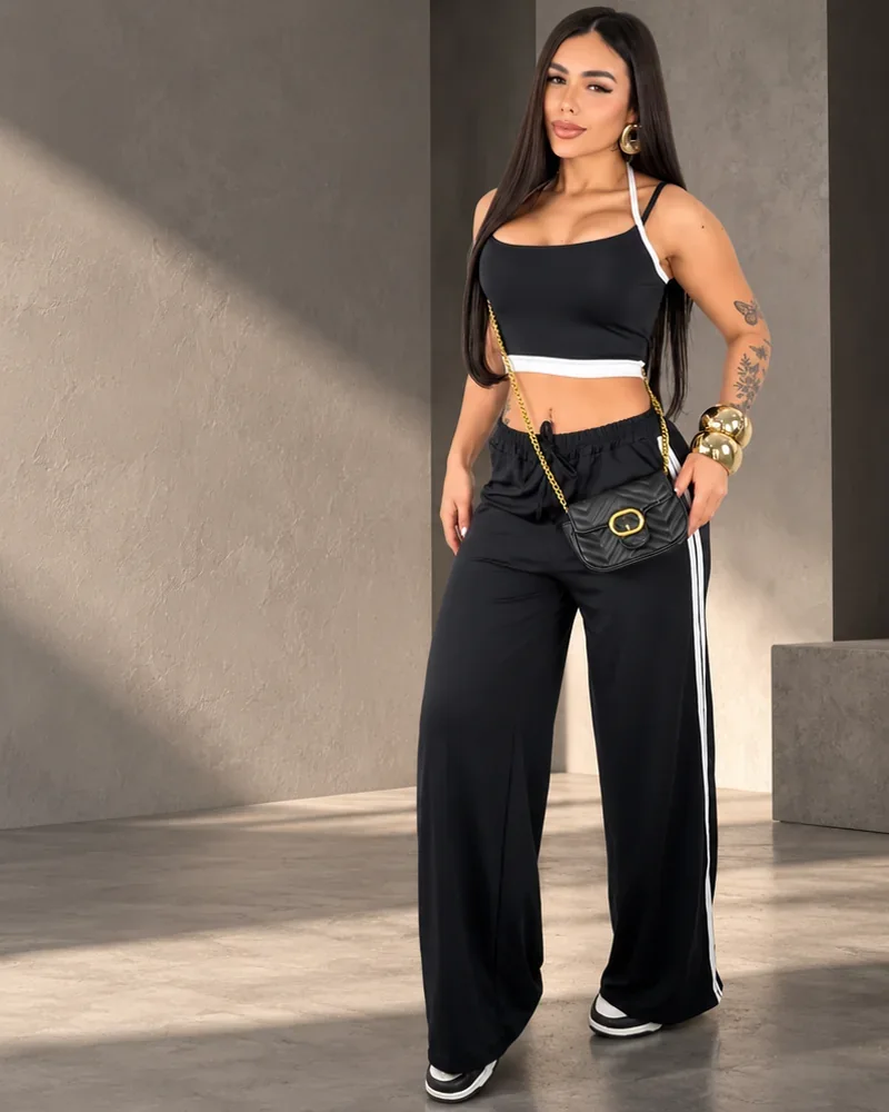Conjunto cropped + calça listras em campanha L&R